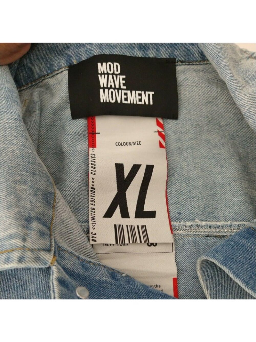 Mod Wave Movement Denim Jean Jacket Button Up Men Size XL Ripped Destroyed - Picture 10 of 12